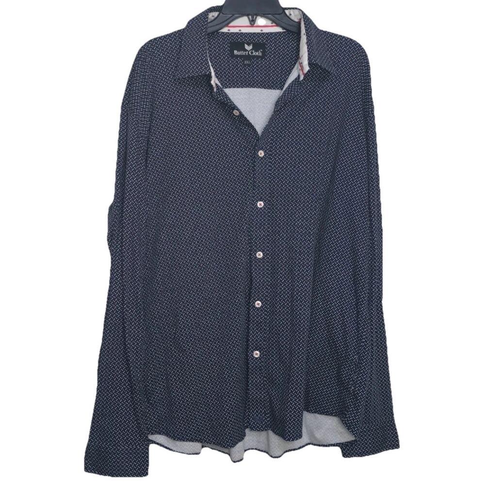 Buttercloth‎ Button Up Shirt Icy Cotton Stretch Navy Blue Mens 2XL Regular Fit